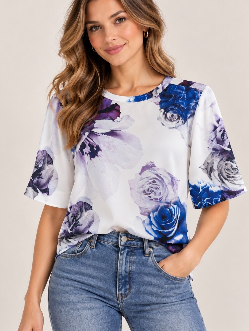 RW&CO. White Short-Sleeve Blouse with Blue and Purple Floral Print